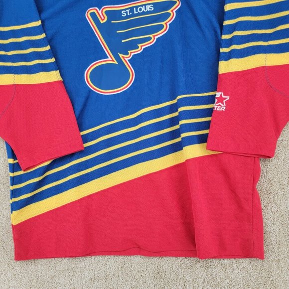VINTAGE ST LOUIS BLUES NHL STARTER Large/XL Long Sleeve Patches Jersey V-Neck - Picture 4 of 11
